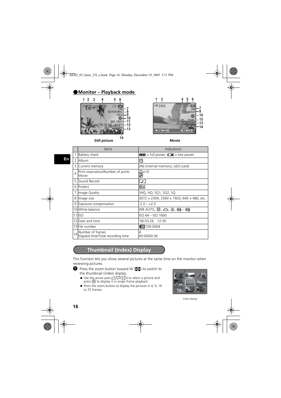 Thumbnail (index) display, Monitor – playback mode | Olympus STYLUS 700 User Manual | Page 16 / 84