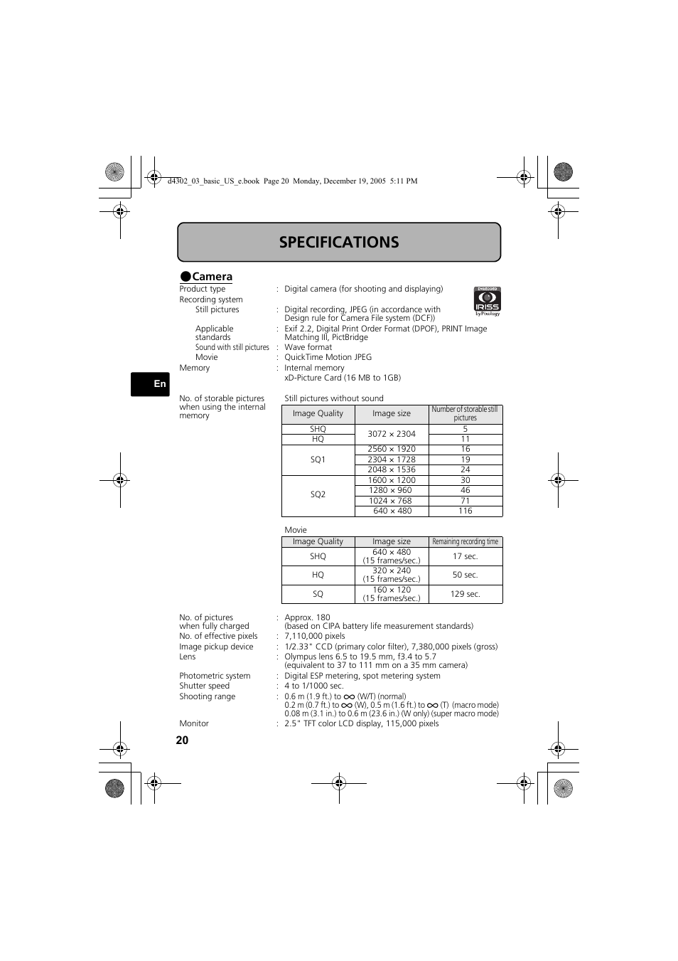 Specifications | Olympus STYLUS 700 User Manual | Page 20 / 84