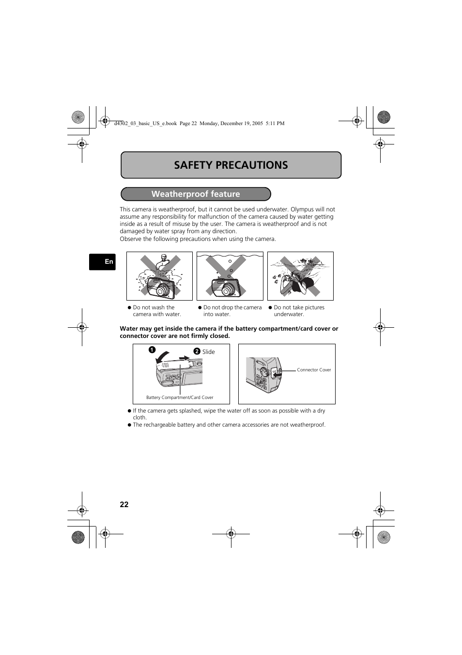 Safety precautions, Weatherproof feature | Olympus STYLUS 700 User Manual | Page 22 / 84