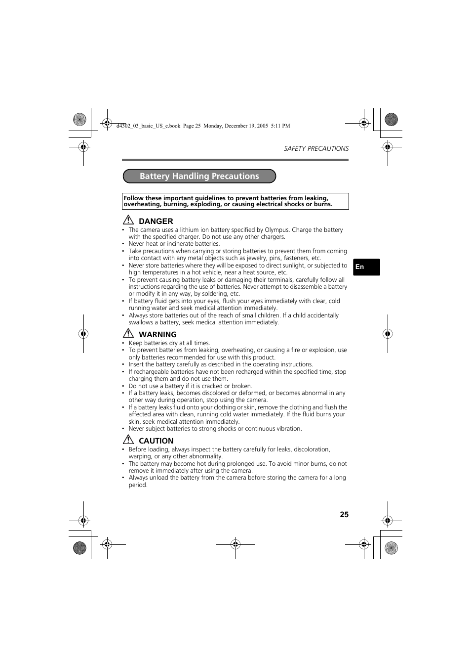 Battery handling precautions | Olympus STYLUS 700 User Manual | Page 25 / 84