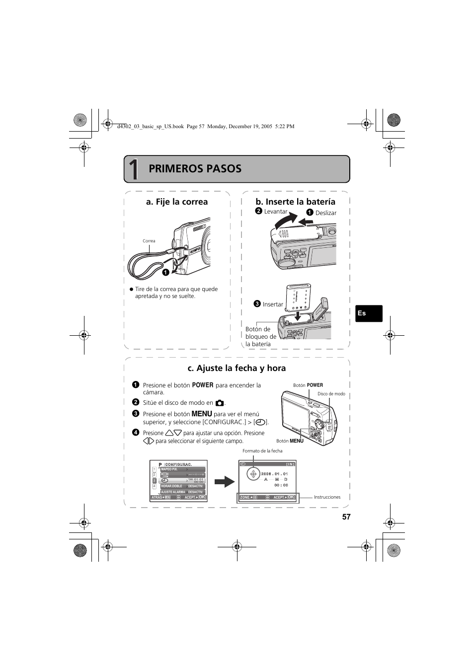 Primeros pasos, A. fije la correa b. inserte la batería, C. ajuste la fecha y hora | Olympus STYLUS 700 User Manual | Page 57 / 84