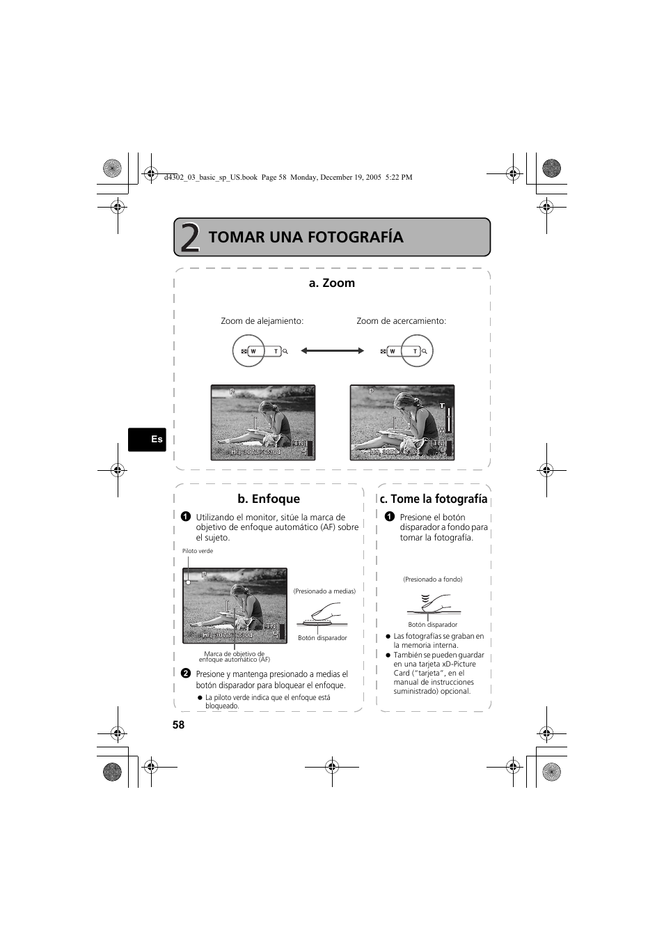 Tomar una fotografía, A. zoom, C. tome la fotografía | B. enfoque | Olympus STYLUS 700 User Manual | Page 58 / 84