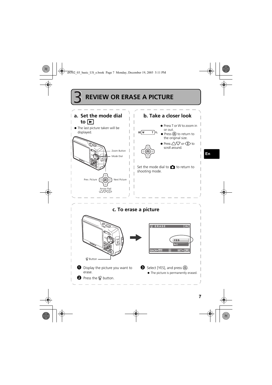 Step 3 review or erase a picture, Review or erase a picture, A. set the mode dial to q b. take a closer look | C. to erase a picture | Olympus STYLUS 700 User Manual | Page 7 / 84