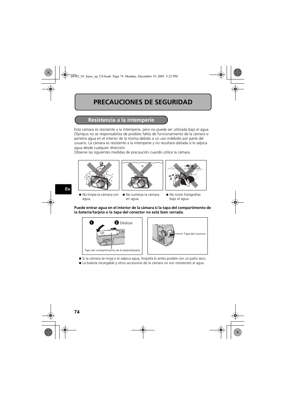 Precauciones de seguridad, Resistencia a la intemperie | Olympus STYLUS 700 User Manual | Page 74 / 84