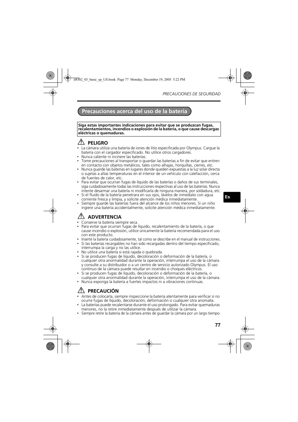 Precauciones acerca del uso de la batería | Olympus STYLUS 700 User Manual | Page 77 / 84