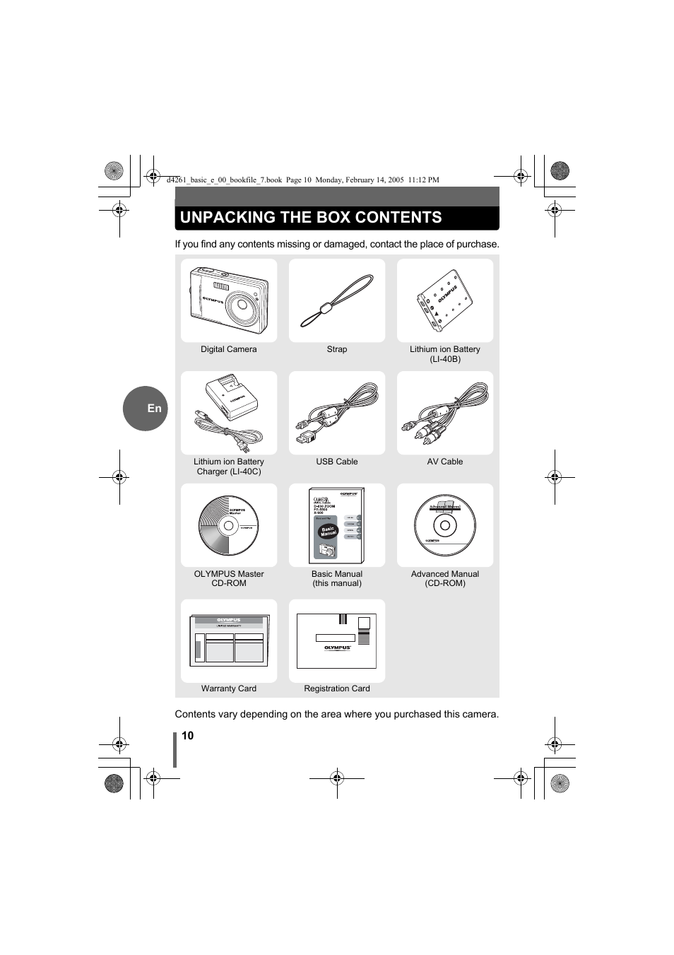 Unpacking the box contents | Olympus D-630 Zoom User Manual | Page 10 / 100