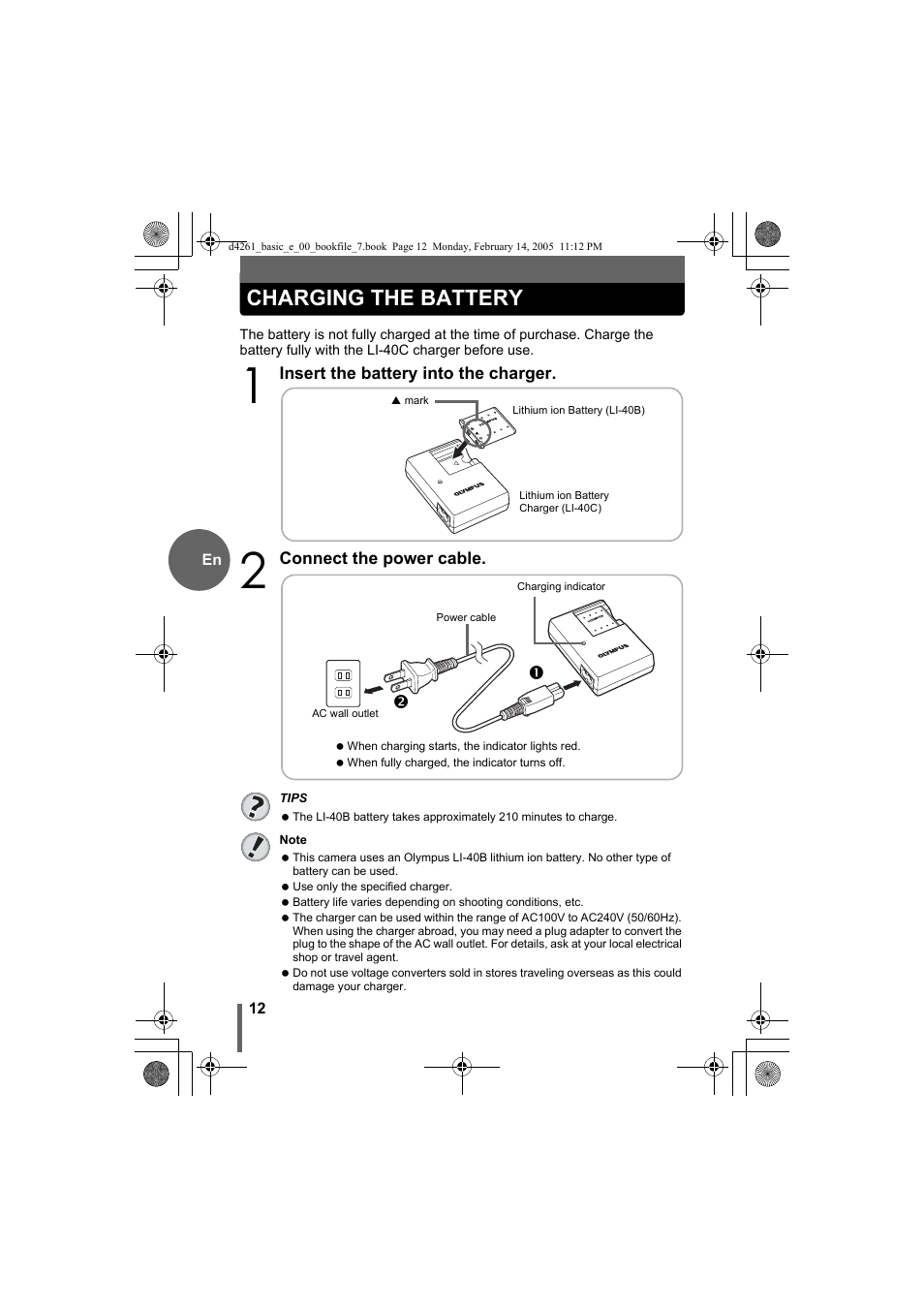 Charging the battery | Olympus D-630 Zoom User Manual | Page 12 / 100