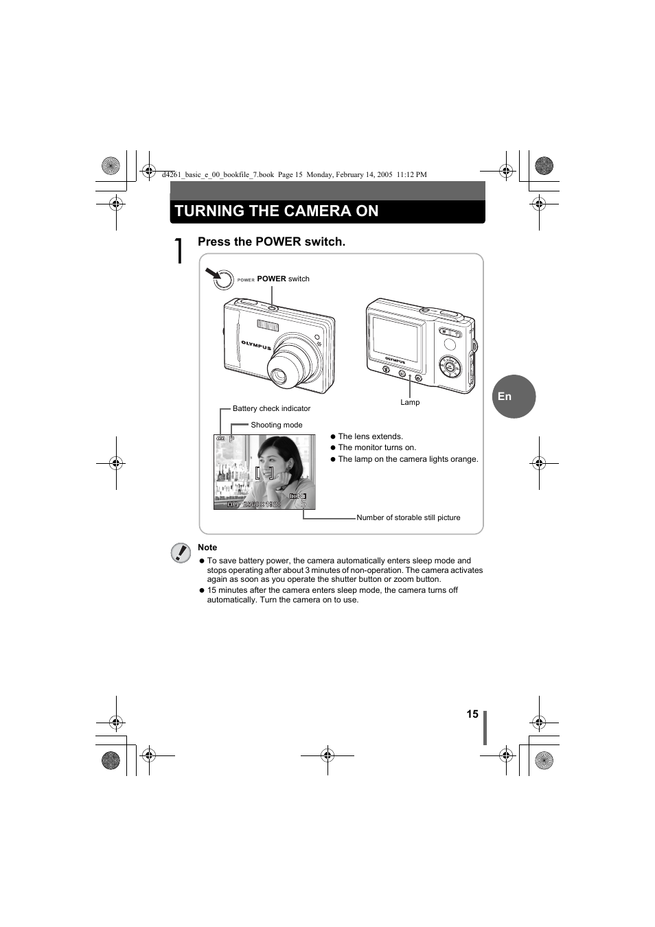 Turning the camera on | Olympus D-630 Zoom User Manual | Page 15 / 100