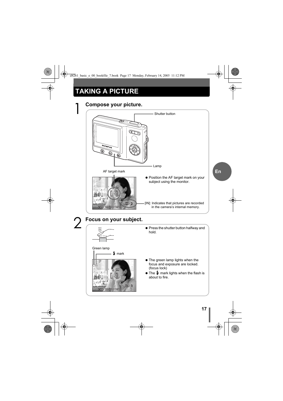 Taking a picture | Olympus D-630 Zoom User Manual | Page 17 / 100