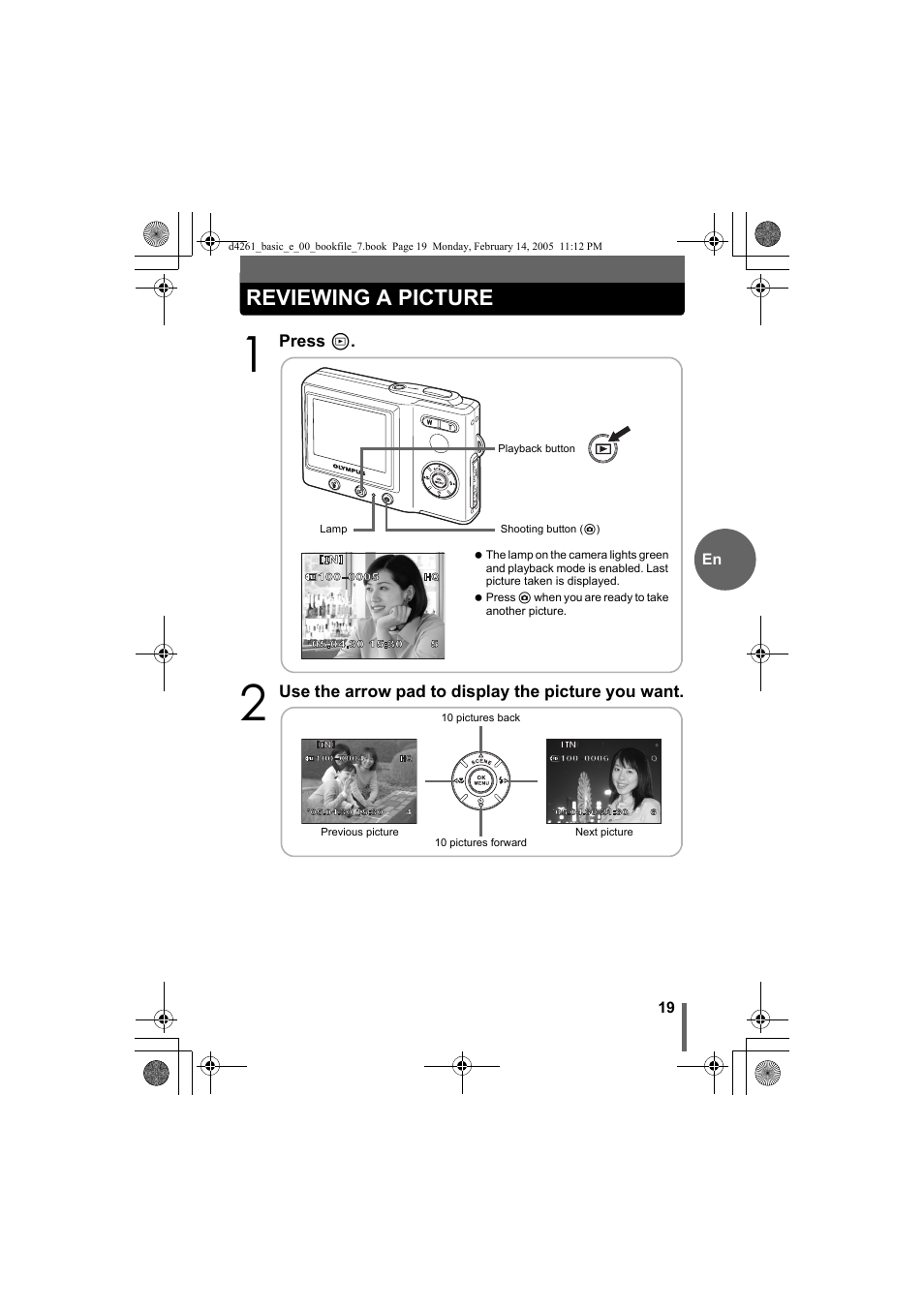 Reviewing a picture | Olympus D-630 Zoom User Manual | Page 19 / 100