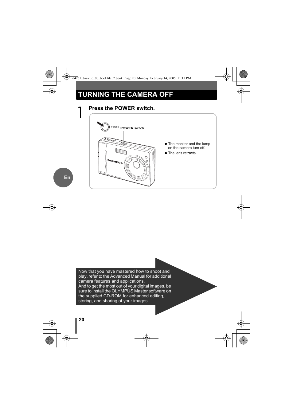 Turning the camera off | Olympus D-630 Zoom User Manual | Page 20 / 100