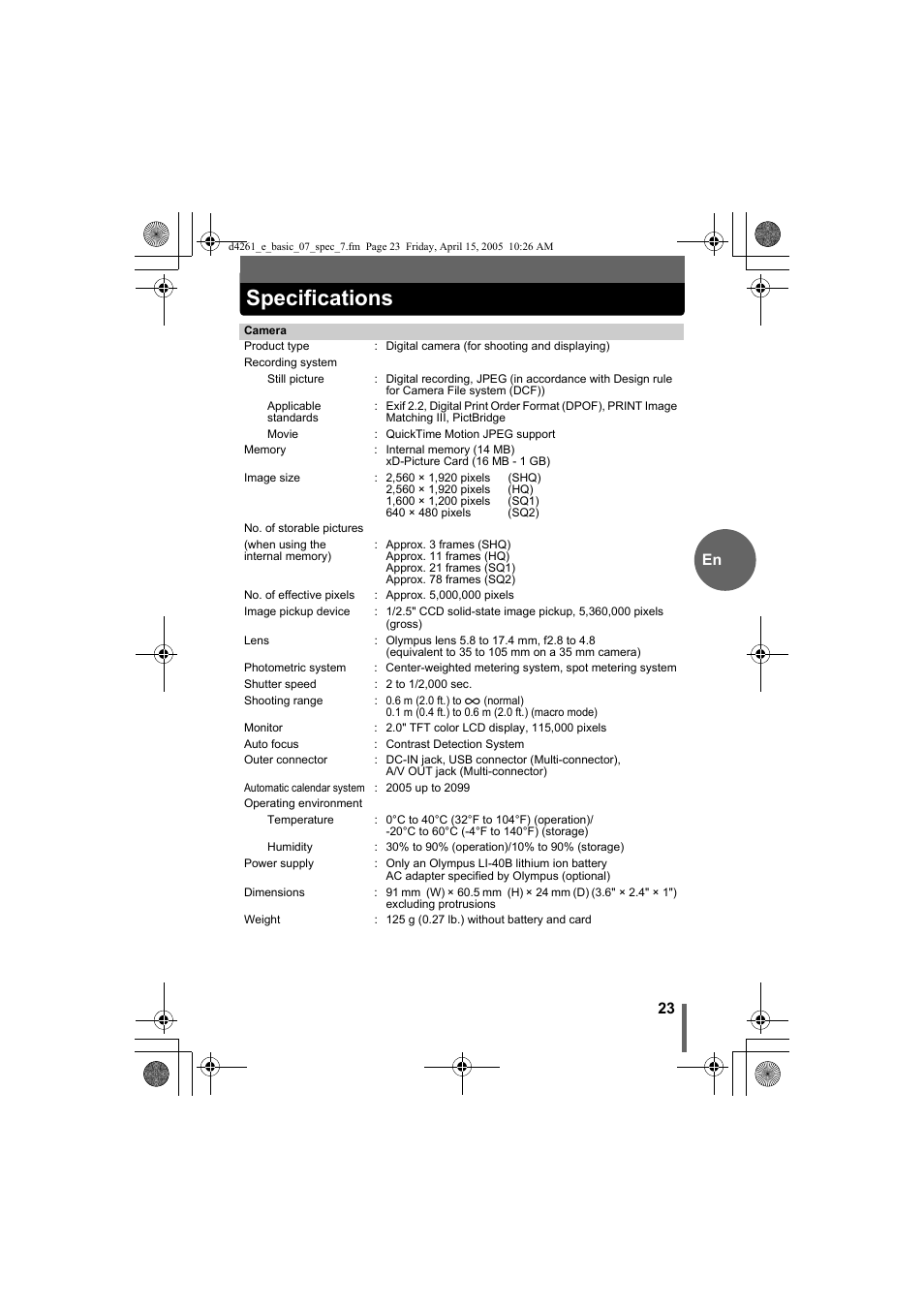 Specifications | Olympus D-630 Zoom User Manual | Page 23 / 100