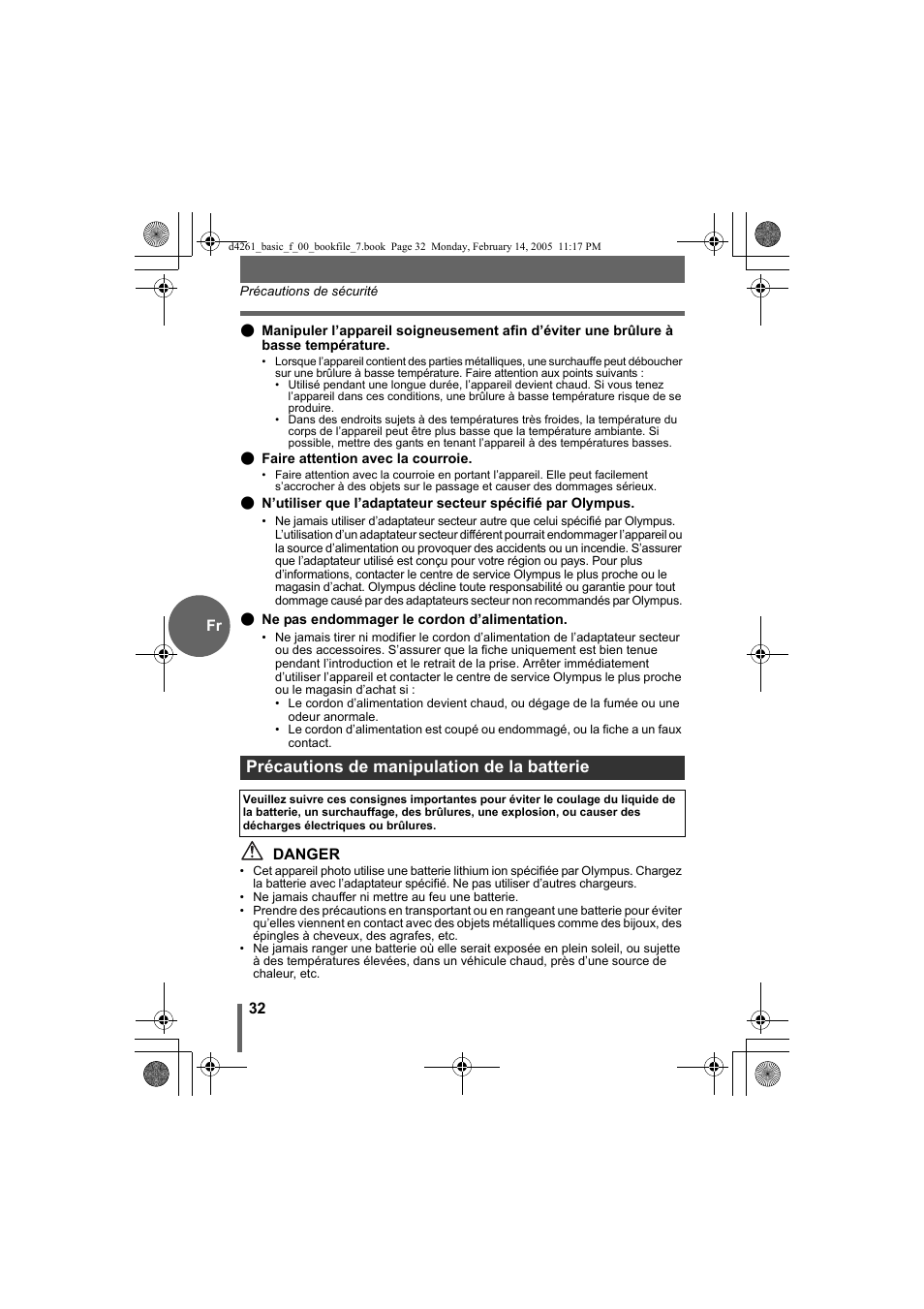 Précautions de manipulation de la batterie | Olympus D-630 Zoom User Manual | Page 32 / 100