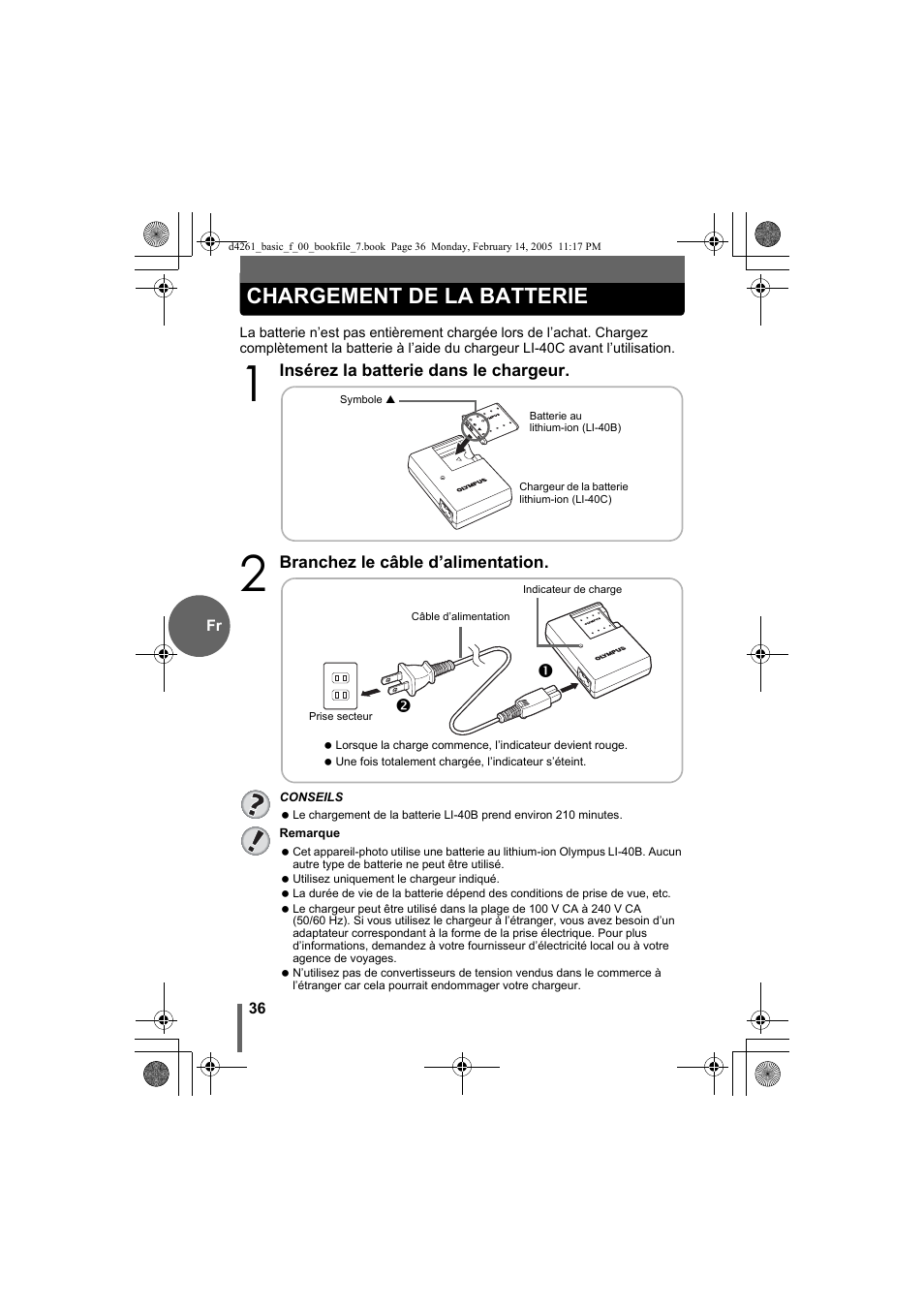 Chargement de la batterie | Olympus D-630 Zoom User Manual | Page 36 / 100