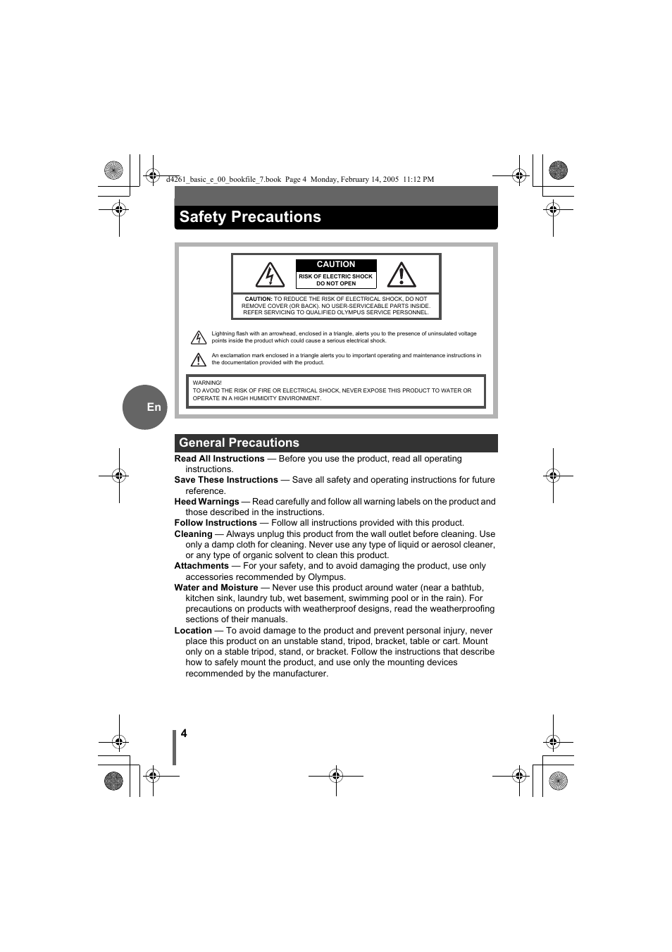 Safety precautions, General precautions | Olympus D-630 Zoom User Manual | Page 4 / 100