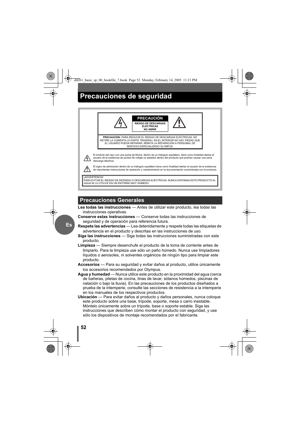 Precauciones de seguridad, Precauciones generales, 52 es | Olympus D-630 Zoom User Manual | Page 52 / 100