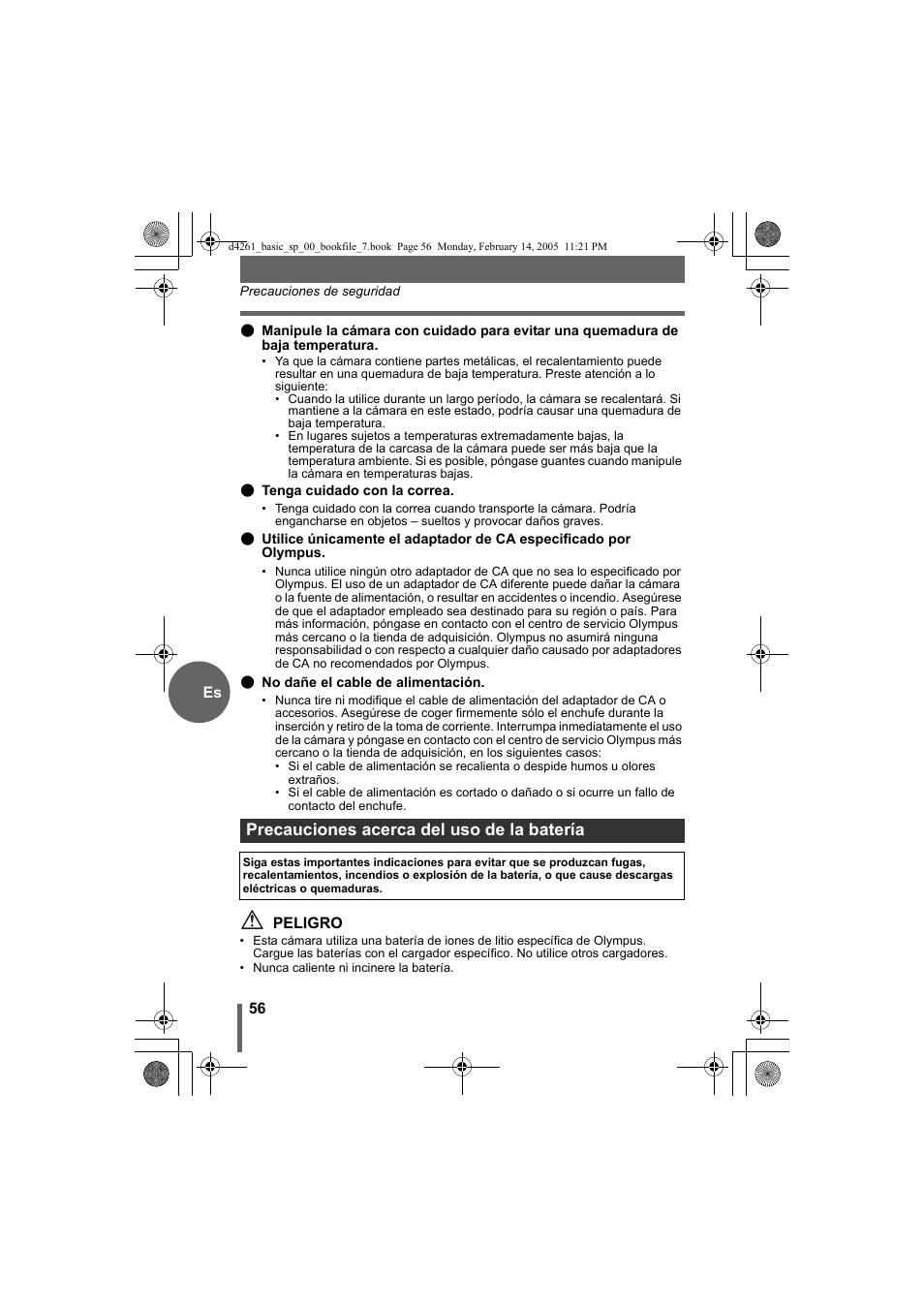 Precauciones acerca del uso de la batería | Olympus D-630 Zoom User Manual | Page 56 / 100