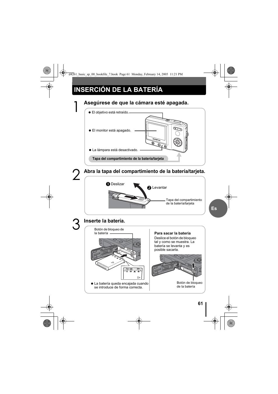 Inserción de la batería | Olympus D-630 Zoom User Manual | Page 61 / 100