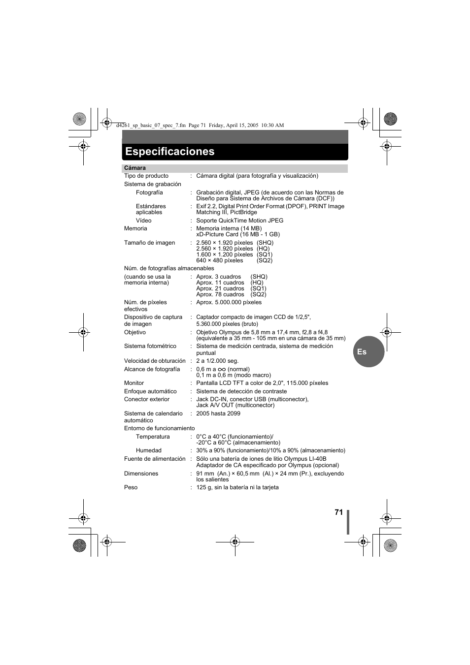 Especificaciones | Olympus D-630 Zoom User Manual | Page 71 / 100