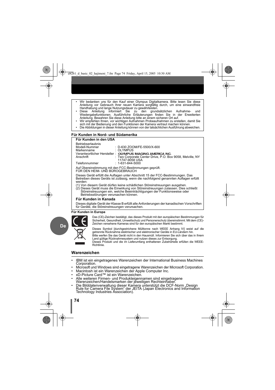 74 de | Olympus D-630 Zoom User Manual | Page 74 / 100