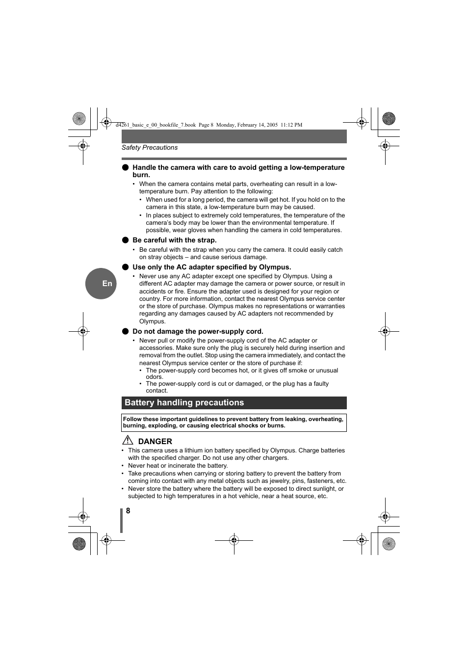 Battery handling precautions | Olympus D-630 Zoom User Manual | Page 8 / 100