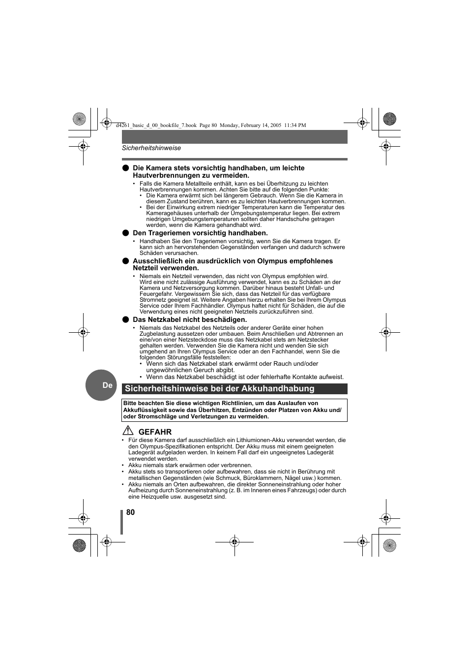 Sicherheitshinweise bei der akkuhandhabung | Olympus D-630 Zoom User Manual | Page 80 / 100