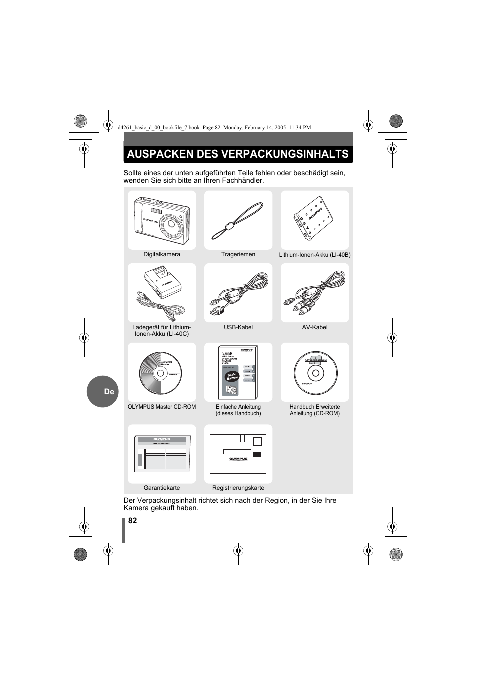 Auspacken des verpackungsinhalts | Olympus D-630 Zoom User Manual | Page 82 / 100