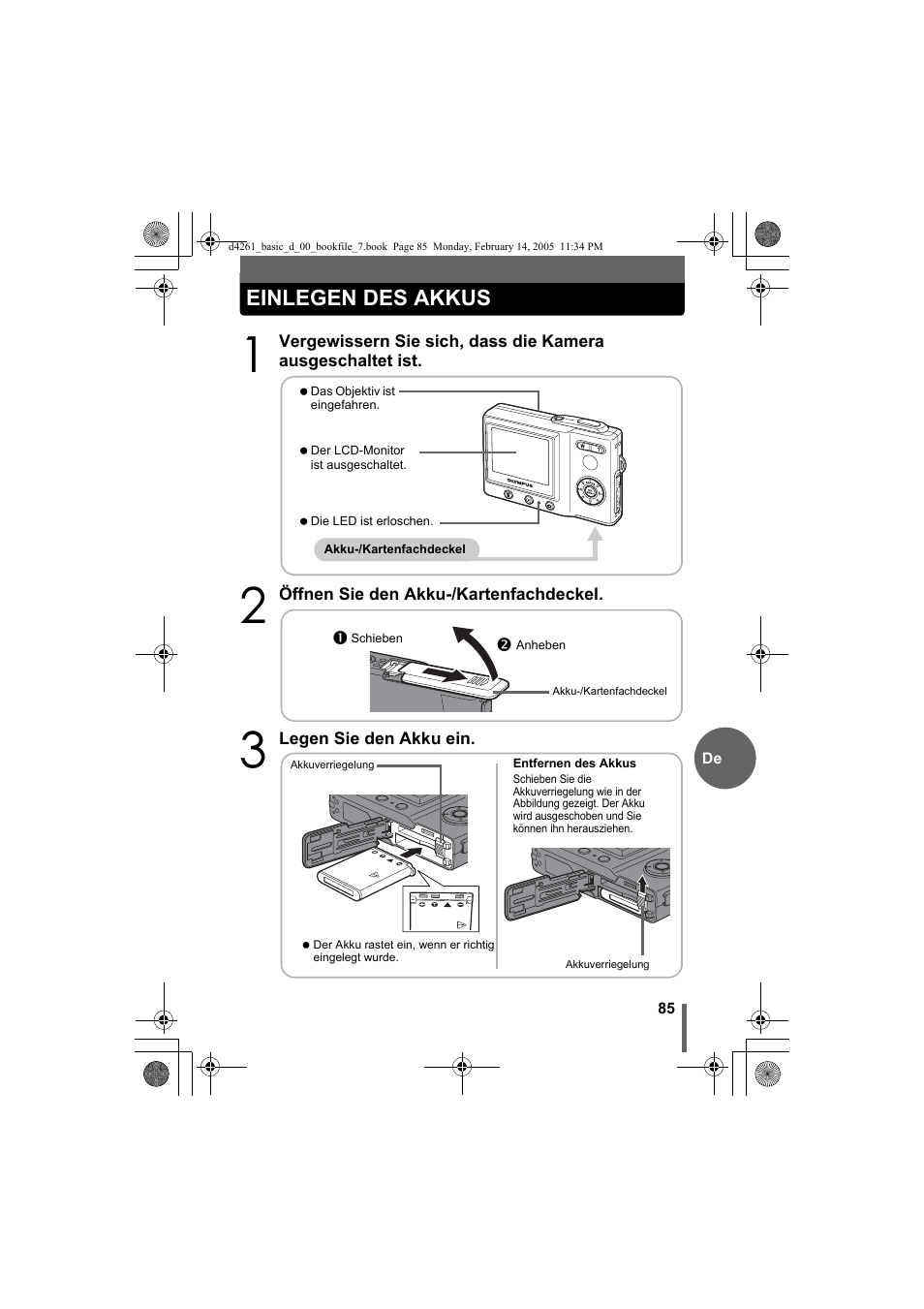 Einlegen des akkus | Olympus D-630 Zoom User Manual | Page 85 / 100