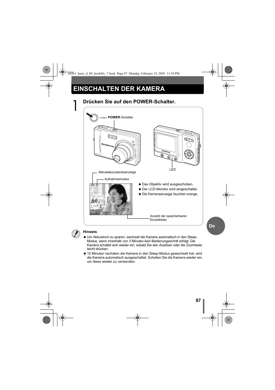 Einschalten der kamera | Olympus D-630 Zoom User Manual | Page 87 / 100