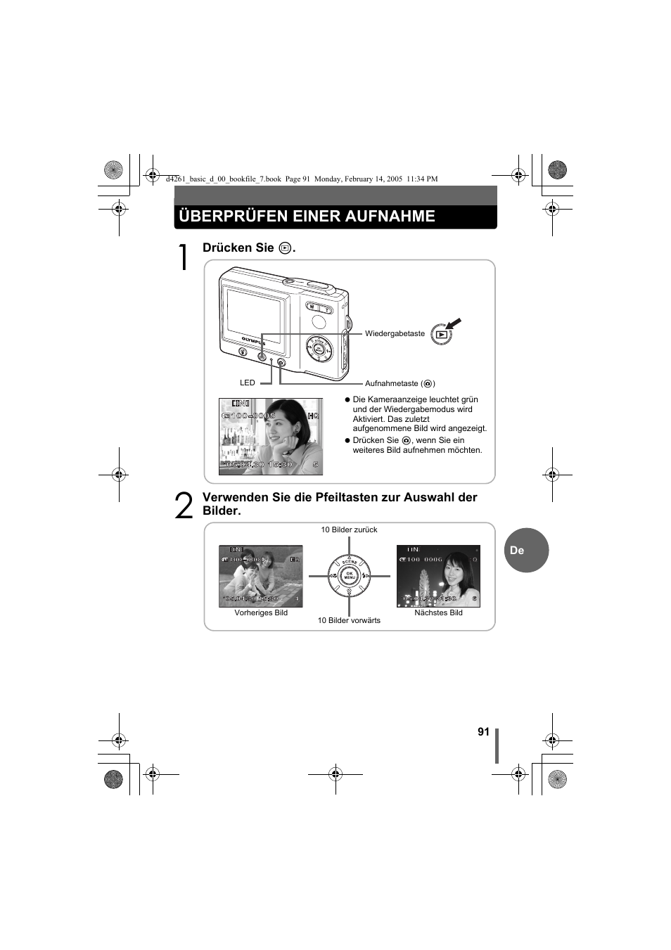 Überprüfen einer aufnahme | Olympus D-630 Zoom User Manual | Page 91 / 100