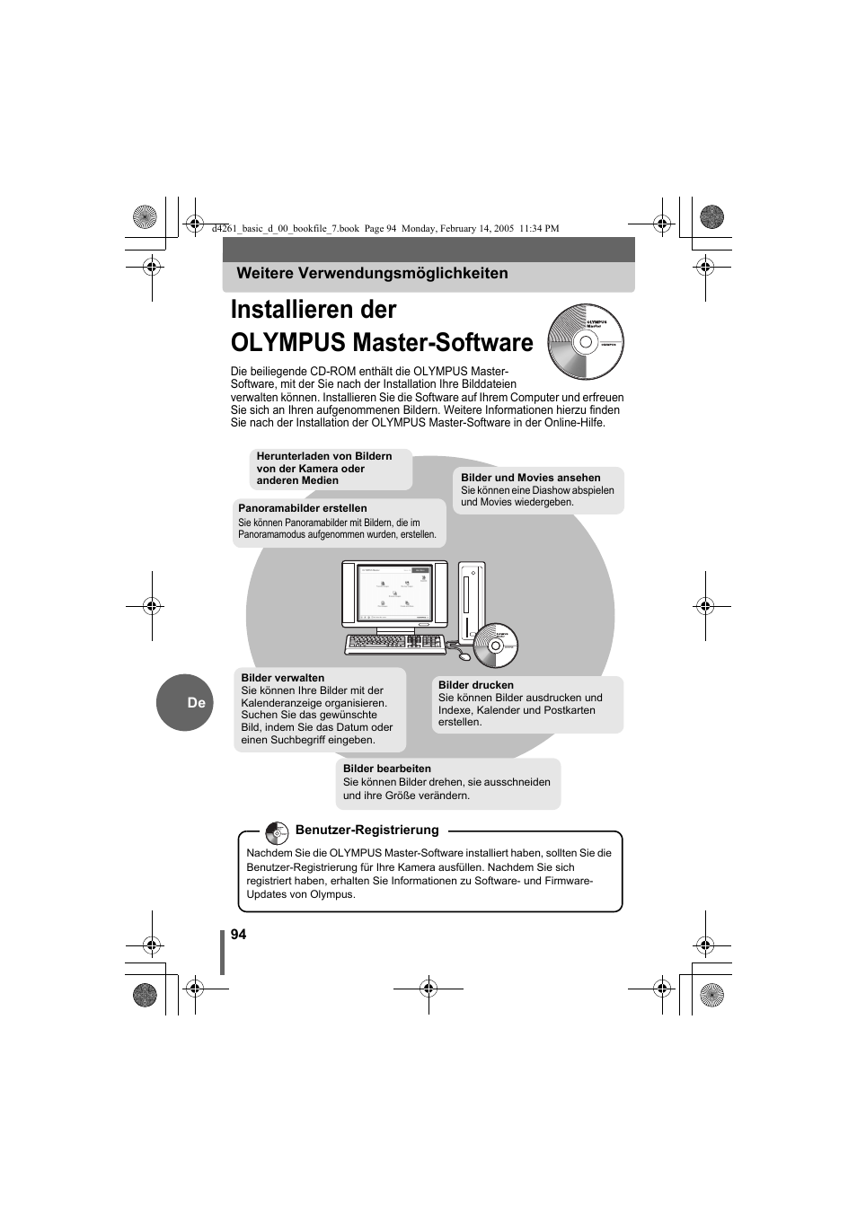 Installieren der olympus master-software | Olympus D-630 Zoom User Manual | Page 94 / 100