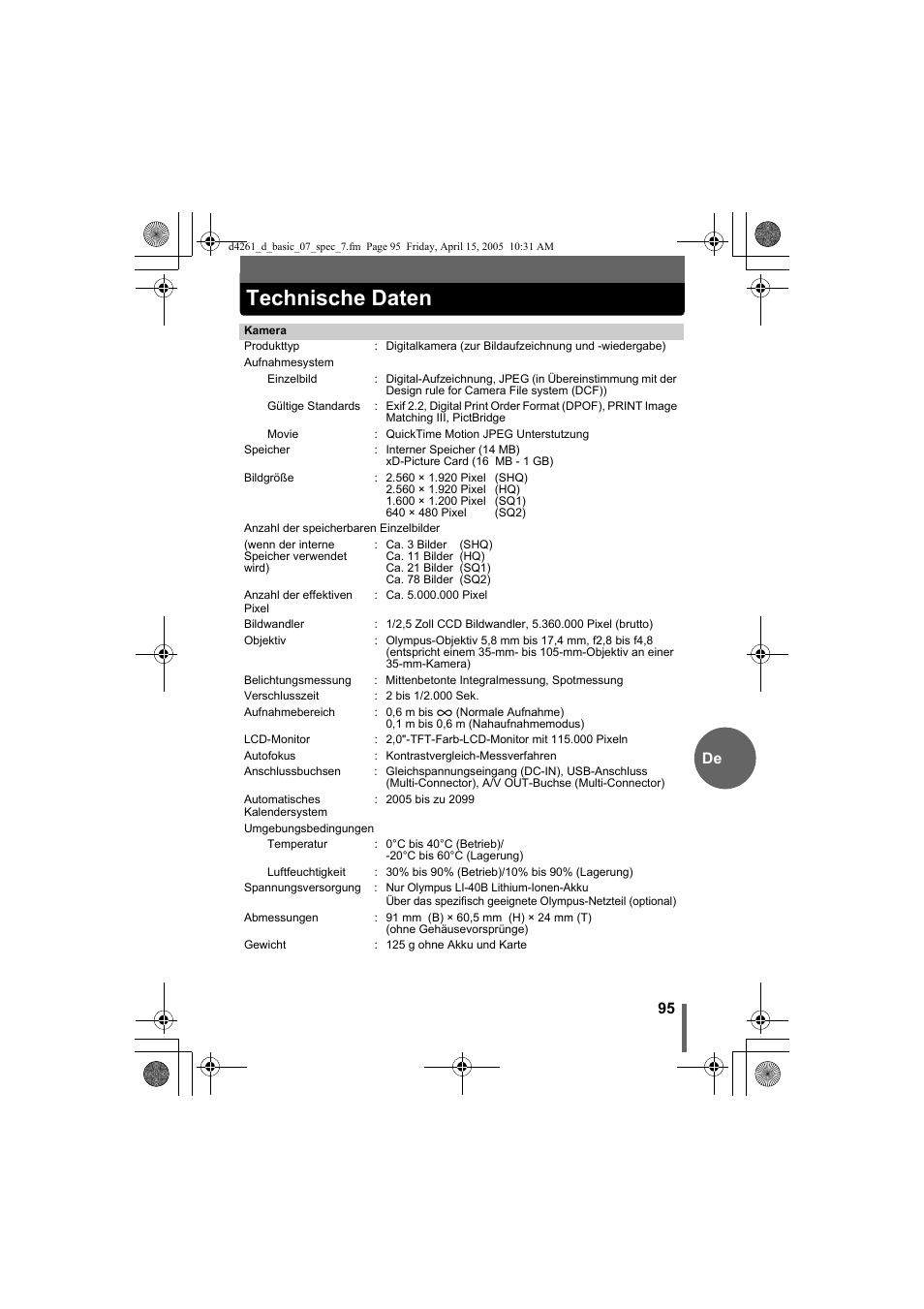 Technische daten | Olympus D-630 Zoom User Manual | Page 95 / 100