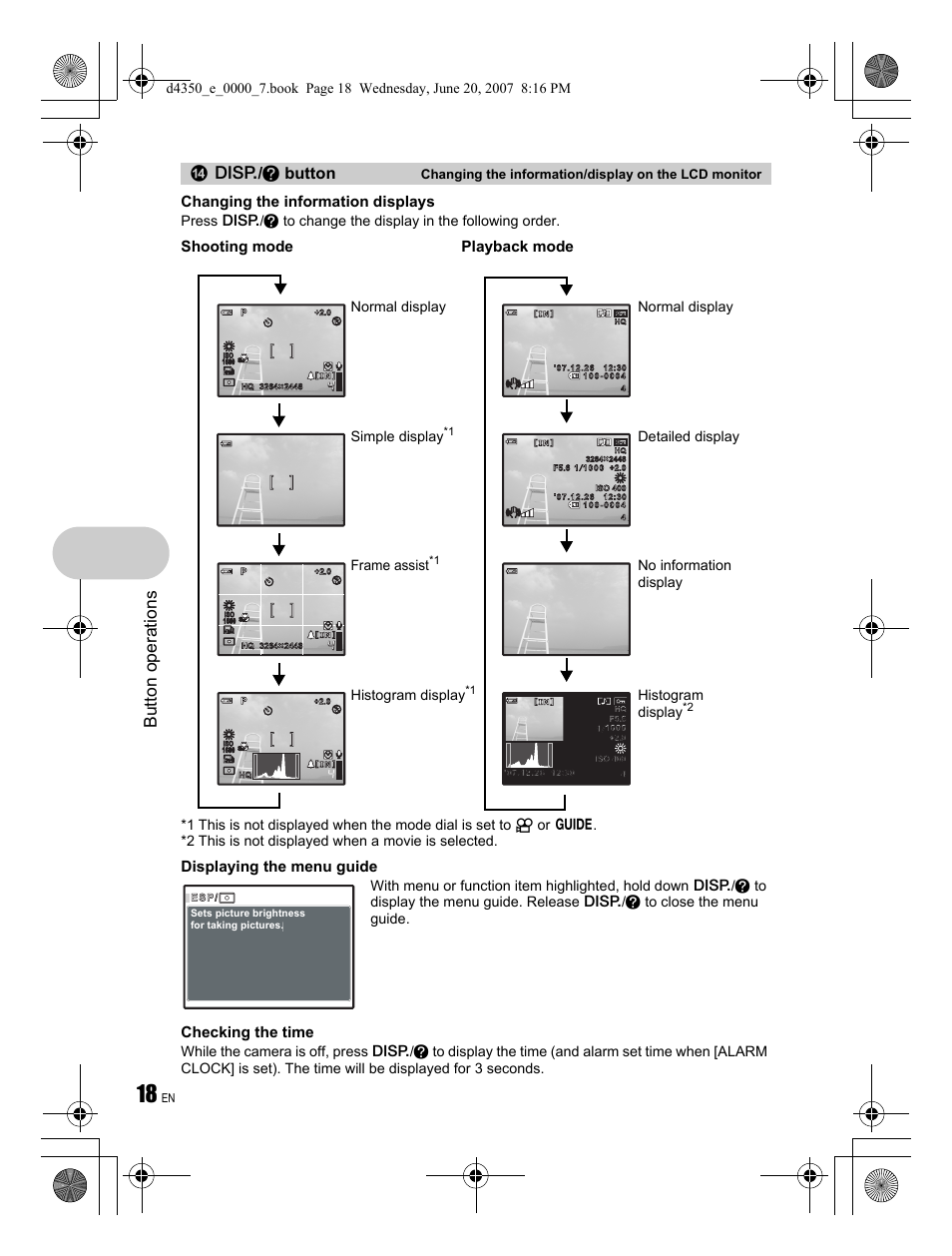 Button operations, G / e button, Changing the information displays | Displaying the menu guide, Checking the time, Shooting mode, Playback mode, Frame assist, Simple display, Normal display | Olympus STYLUS 820 User Manual | Page 18 / 84