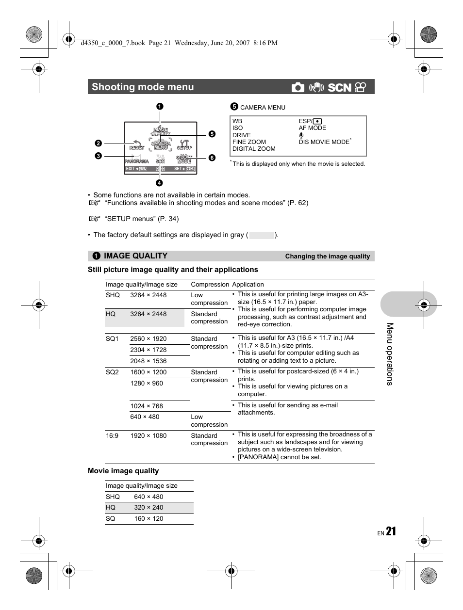 Menu operations, Image quality | Olympus STYLUS 820 User Manual | Page 21 / 84