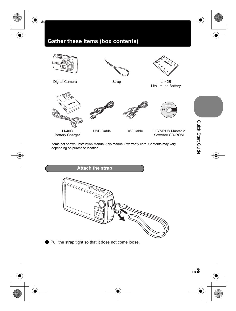 Gather these items (box contents) | Olympus STYLUS 820 User Manual | Page 3 / 84