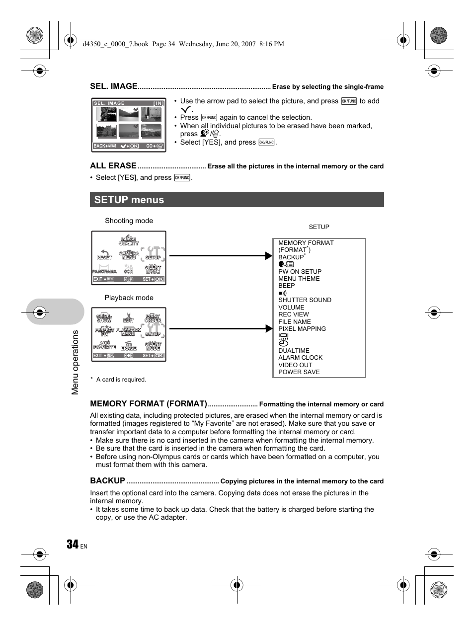 Setup menus, Menu operations, Sel. image | All erase, Backup | Olympus STYLUS 820 User Manual | Page 34 / 84