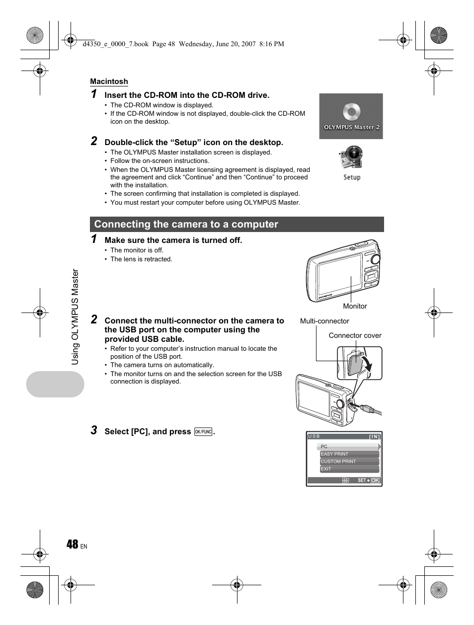 Connecting the camera to a computer | Olympus STYLUS 820 User Manual | Page 48 / 84