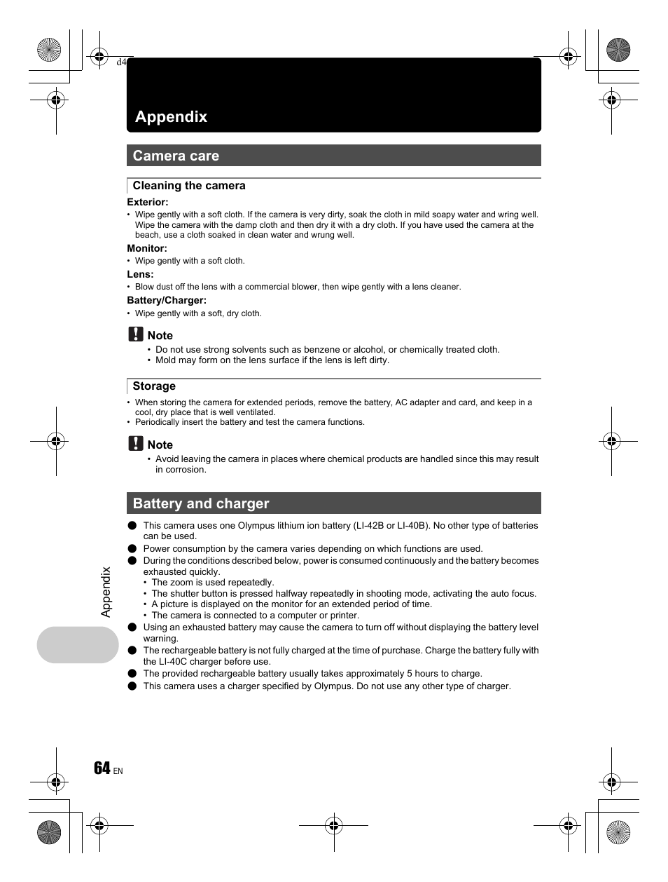 Appendix, Camera care, Battery and charger | Olympus STYLUS 820 User Manual | Page 64 / 84