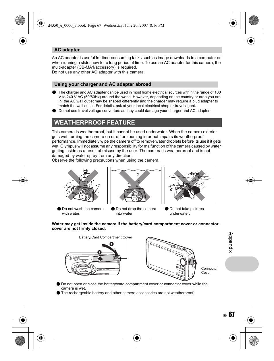 Weatherproof feature | Olympus STYLUS 820 User Manual | Page 67 / 84