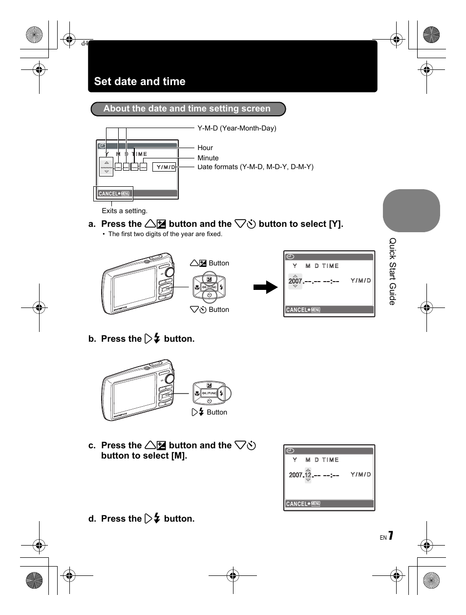 Set date and time, Quick start guide | Olympus STYLUS 820 User Manual | Page 7 / 84