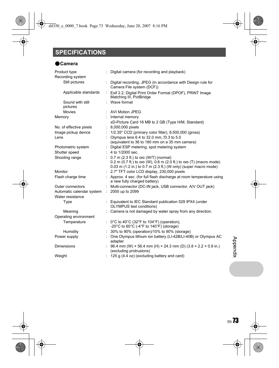 Specifications, Appendix | Olympus STYLUS 820 User Manual | Page 73 / 84