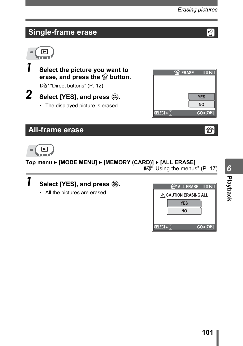 Single-frame erase, All-frame erase, Single-frame erase all-frame erase | Olympus SP-500 UZ User Manual | Page 101 / 189