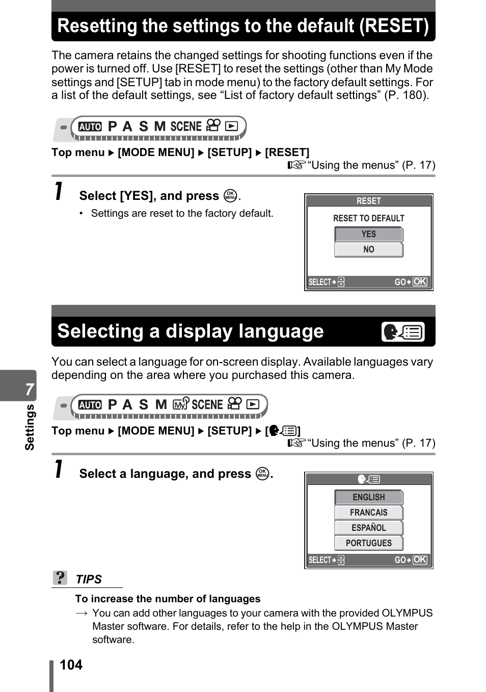 Resetting the settings to the default (reset), Selecting a display language, Resetting the settings to the default | Reset)” (p. 104) | Olympus SP-500 UZ User Manual | Page 104 / 189