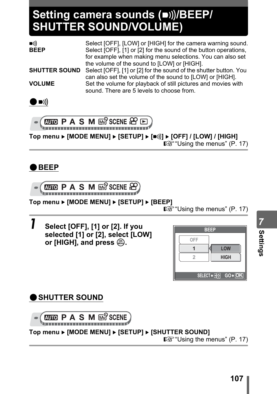 Setting camera sounds, Beep/shutter sound/volume), P. 107 | G“setting camera sounds (8/beep, Shutter sound/volume)” (p. 107), Beep/ shutter sound/volume) | Olympus SP-500 UZ User Manual | Page 107 / 189