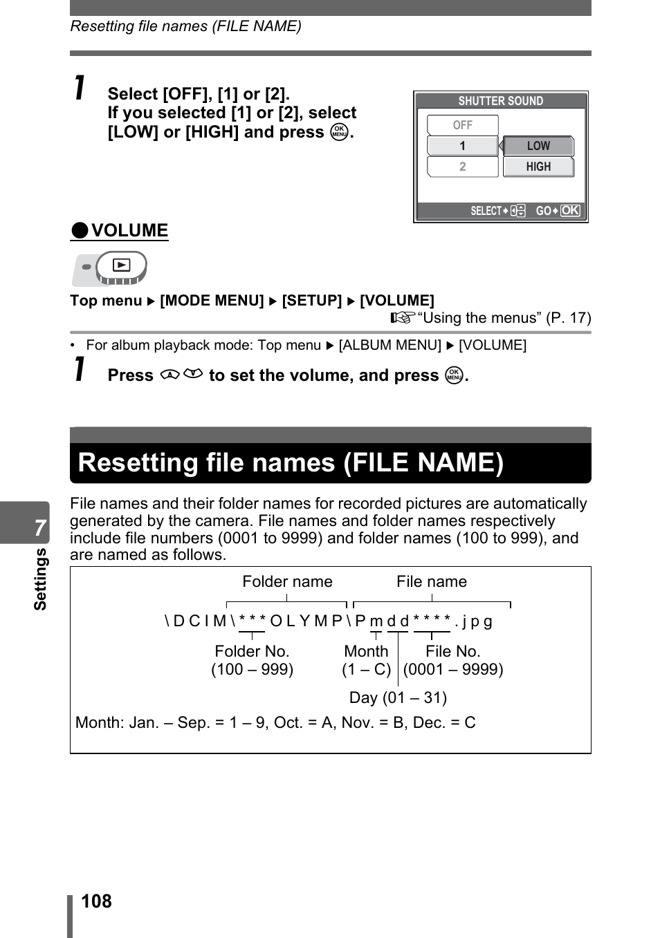 Resetting file names (file name) | Olympus SP-500 UZ User Manual | Page 108 / 189