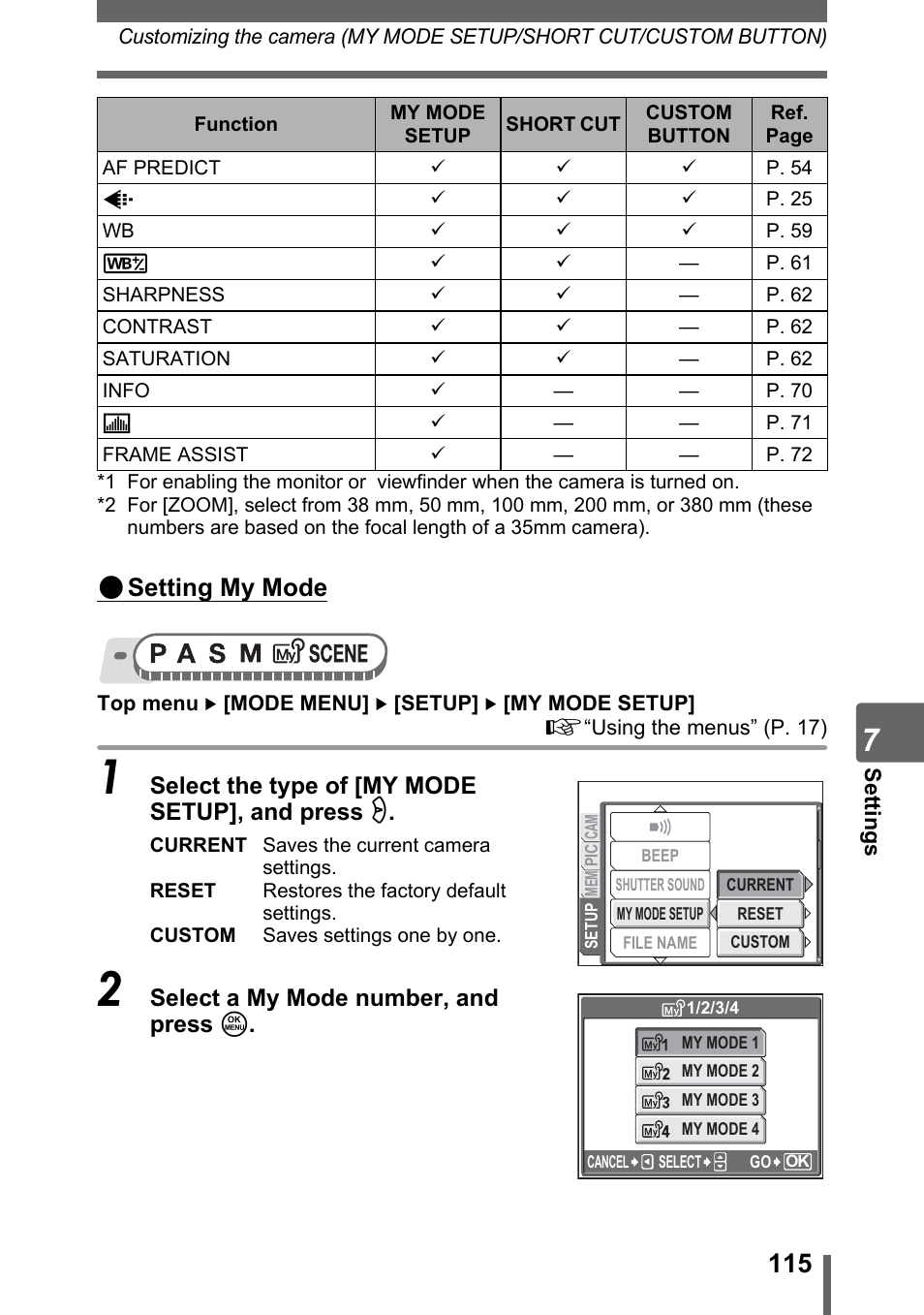 Setting my mode, Select the type of [my mode setup], and press q, Select a my mode number, and press z | Olympus SP-500 UZ User Manual | Page 115 / 189
