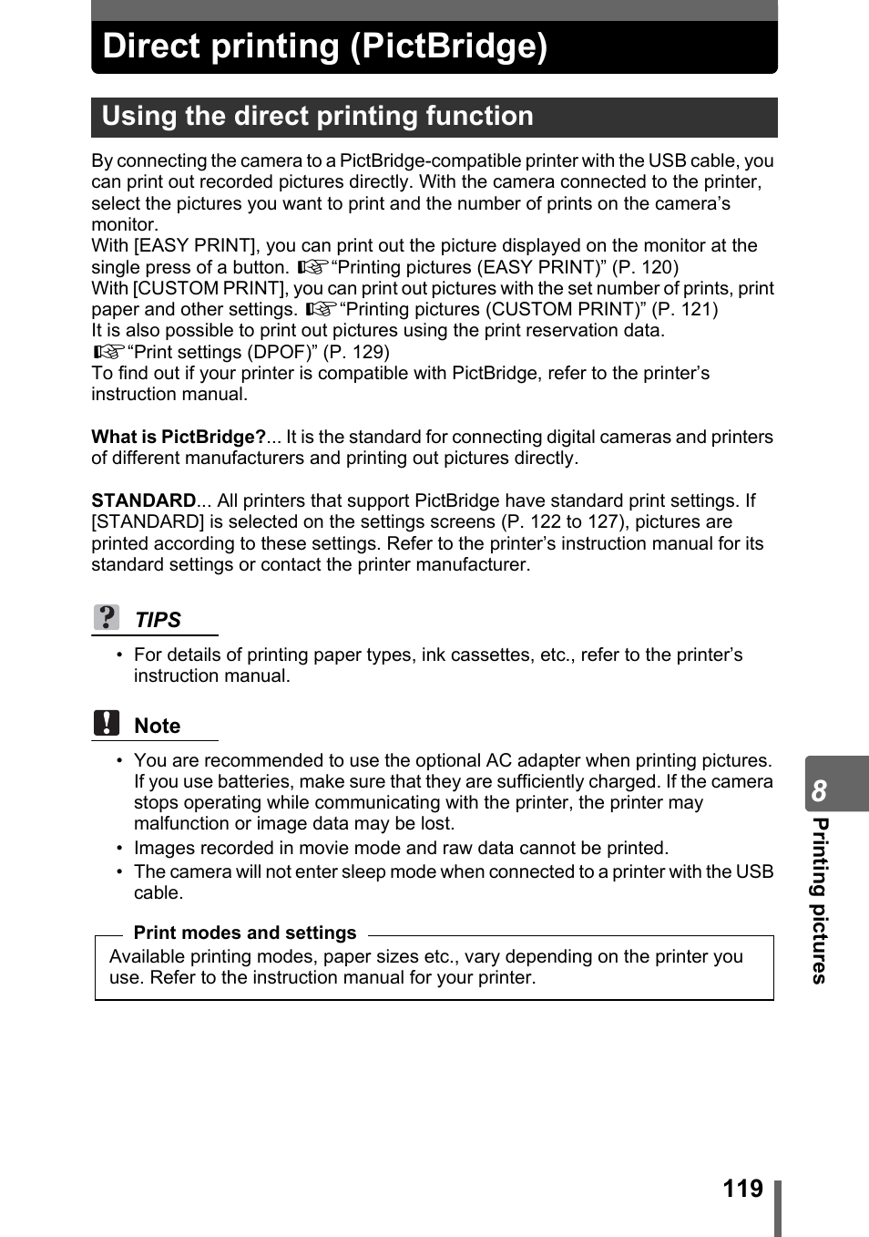 Direct printing (pictbridge), Using the direct printing function | Olympus SP-500 UZ User Manual | Page 119 / 189