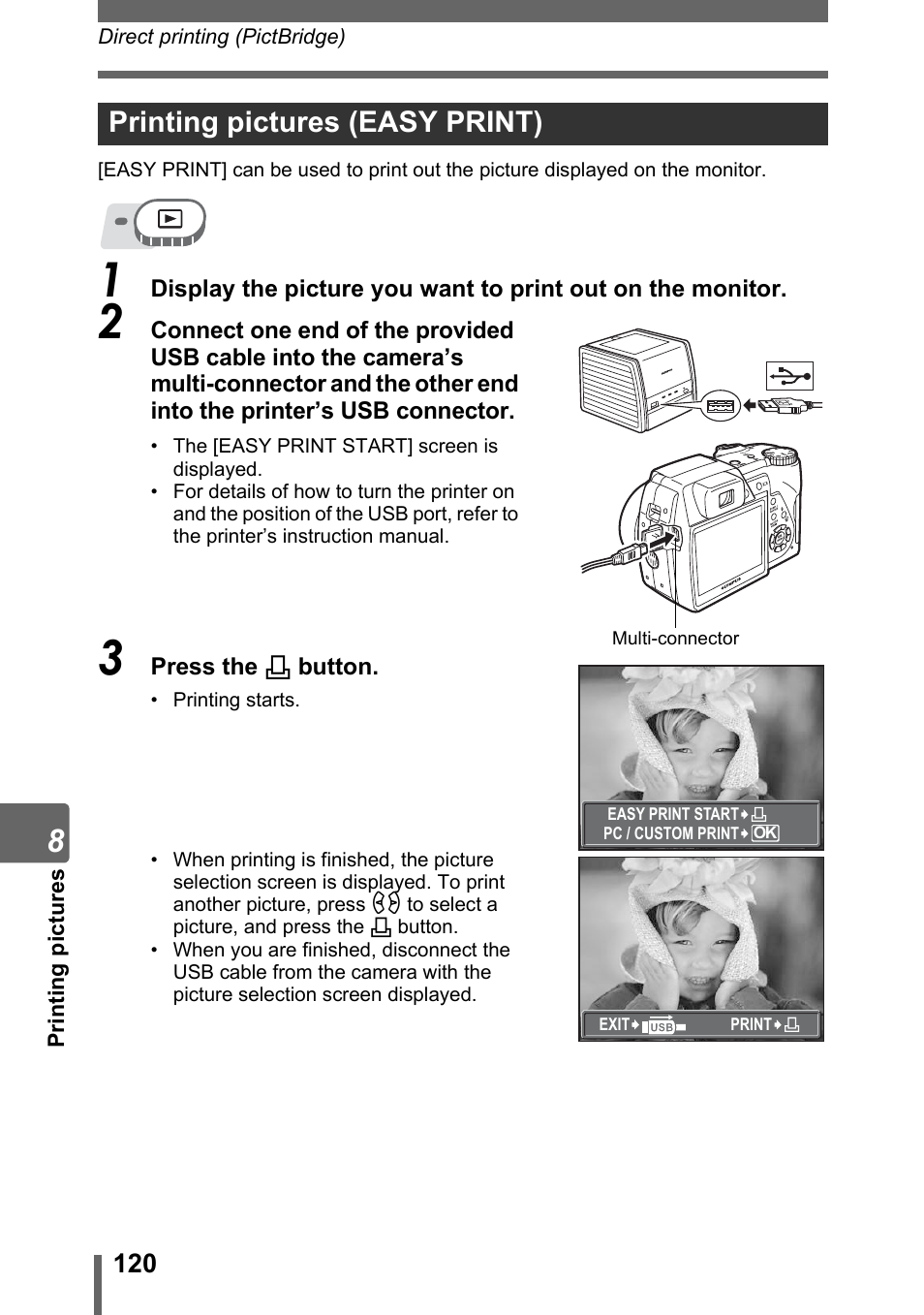 Printing pictures (easy print), P. 120, Printing pictures (easy print)” (p. 120) | Olympus SP-500 UZ User Manual | Page 120 / 189