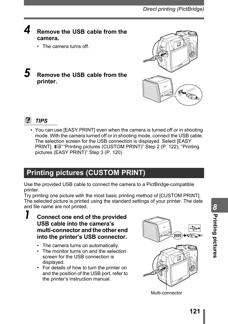 Printing pictures (custom print), G“printing pictures (custom print)” (p. 121) | Olympus SP-500 UZ User Manual | Page 121 / 189