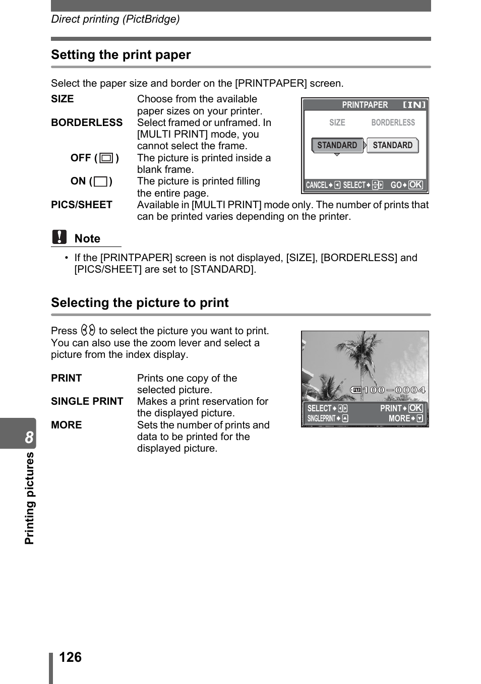 Setting the print paper, Selecting the picture to print | Olympus SP-500 UZ User Manual | Page 126 / 189